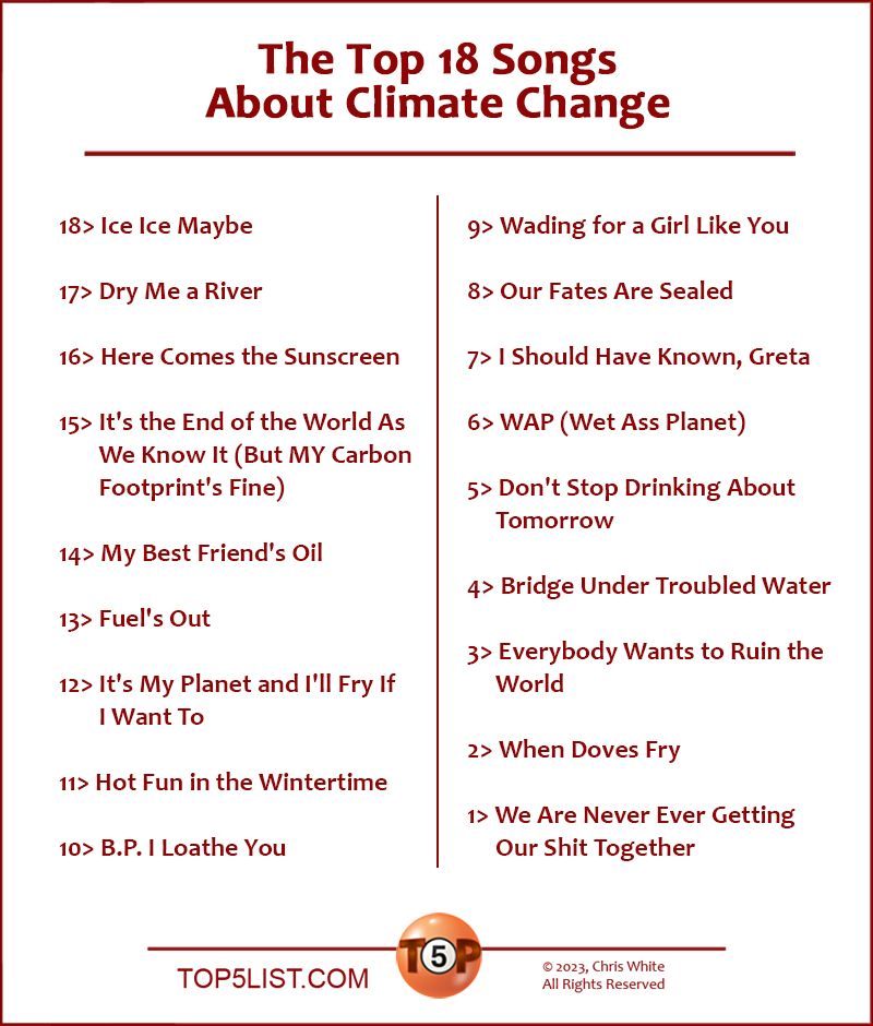 The Top 18 Songs About Climate Change  18> Ice Ice Maybe  17> Dry Me a River  16> Here Comes the Sunscreen  15> It's the End of the World As We Know It (But MY Carbon Footprint's Fine)  14> My Best Friend's Oil  13> Fuel's Out  12> It's My Planet and I'll Fry If I Want To  11> Hot Fun in the Wintertime  10> B.P. I Loathe You   9> Wading for a Girl Like You   8> Our Fates Are Sealed   7> I Should Have Known, Greta   6> WAP (Wet Ass Planet)   5> Don't Stop Drinking About Tomorrow   4> Bridge Under Troubled Water   3> Everybody Wants to Ruin the World   2> When Doves Fry  and the number 1 Song About Climate Change...   1> We Are Never Ever Getting Our Shit Together