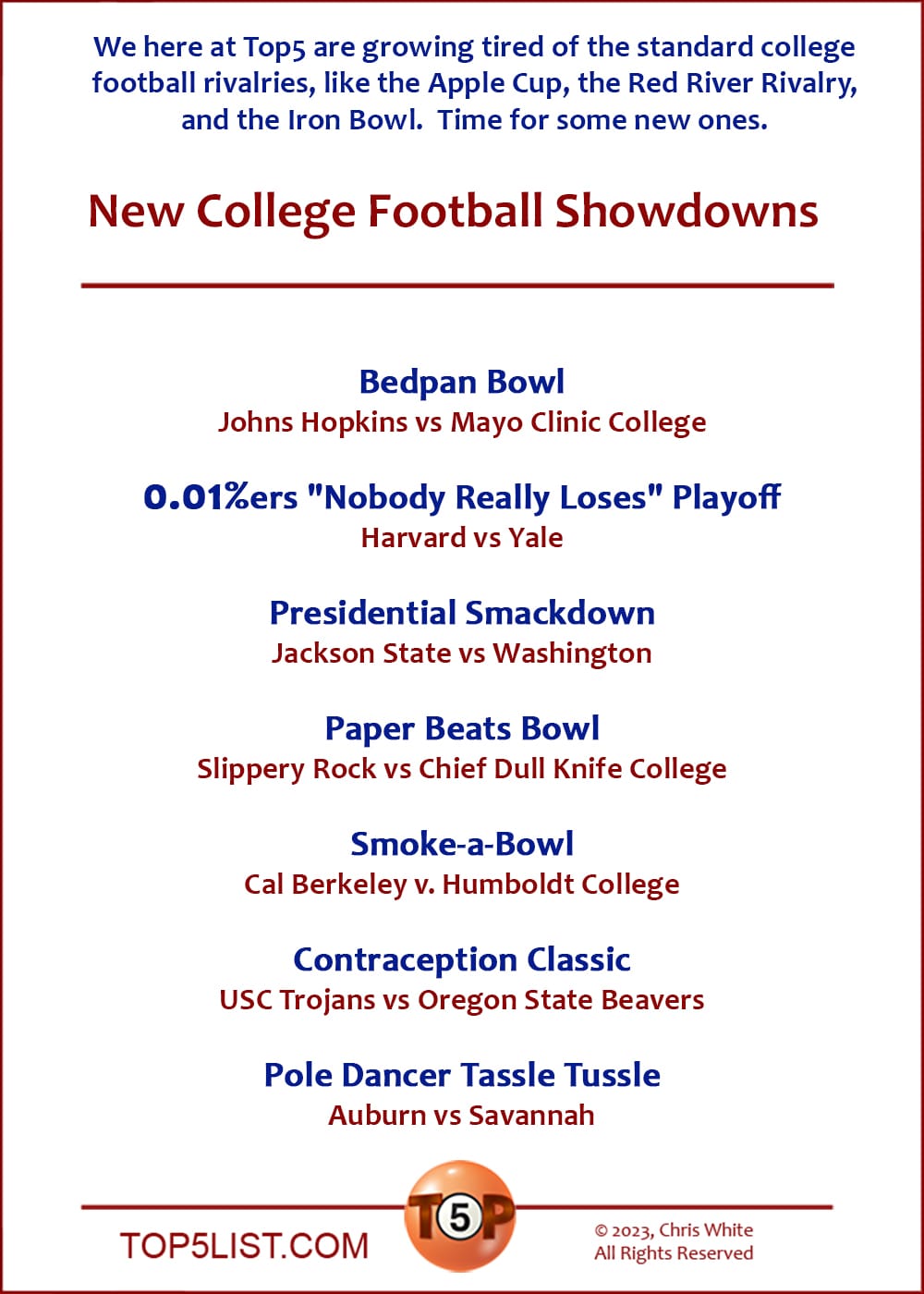 NOTE: We here at Top5 are growing tired of the standard college football rivalries, like the Apple Cup, the Red River Rivalry, and the Iron Bowl. Time for some new ones.  New College Football Showdowns  |  Bedpan Bowl: Johns Hopkins vs Mayo Clinic College  0.01%ers "No Real Losers" Playoff: Harvard vs Yale  Presidential Smackdown: Jackson State vs Washington  Paper Beats Bowl: Slippery Rock vs Chief Dull Knife College  Smoke-a-Bowl: Cal Berkeley v. Humboldt College  Contraception Classic: USC Trojans vs Oregon State Beavers  Pole Dancer Tassle Tussle: Auburn vs Savannah