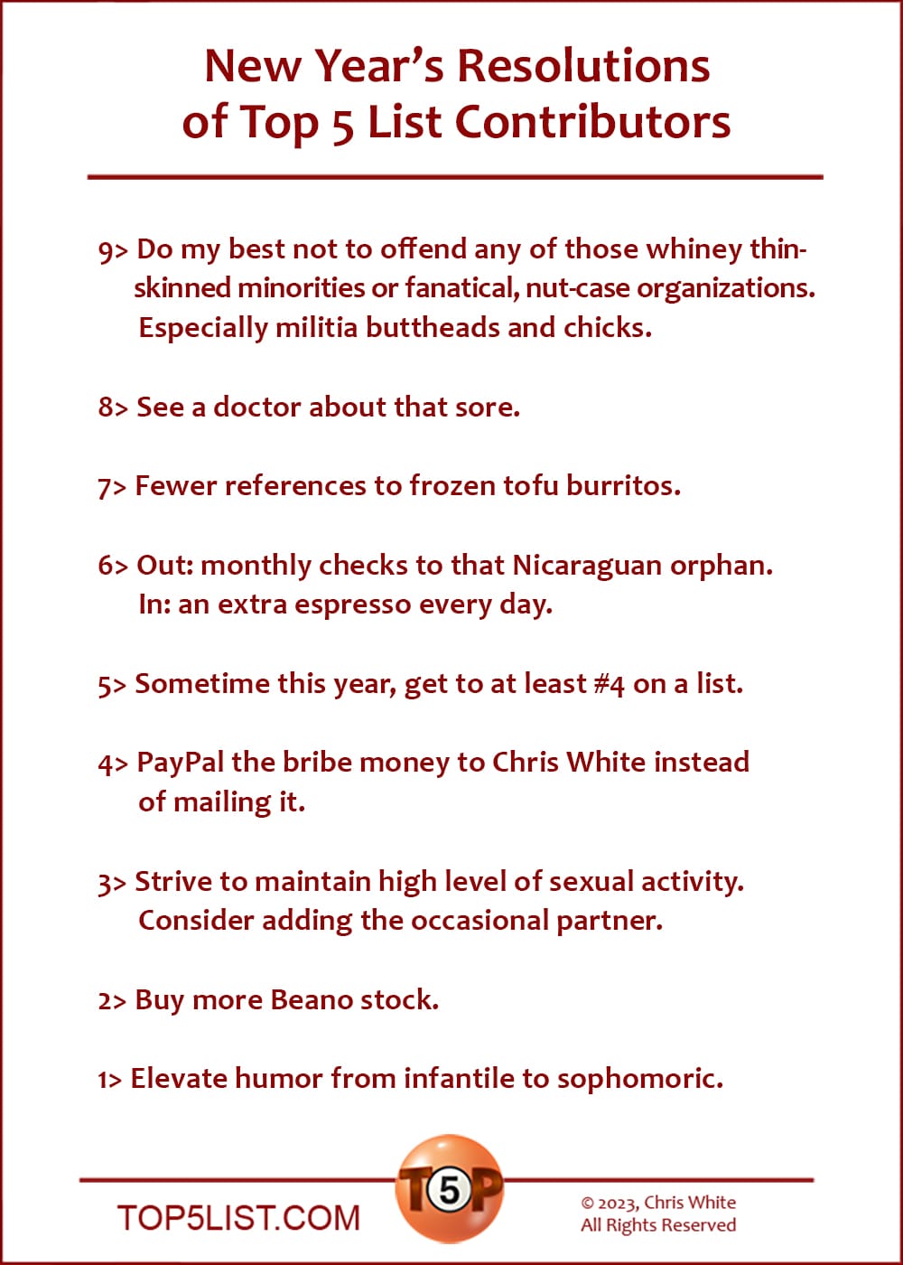 New Year’s Resolutions of Top 5 List Contributors  |  9> Do my very best not to offend any of those whiney thin-skinned minorities or fanatical, nut-case organizations. Especially militia buttheads and dumb chicks. 8> See a doctor about that sore. 7> Fewer references to frozen tofu burritos. 6> Out: monthly checks to that Nicaraguan orphan.  In: an extra espresso every day. 5> Sometime this year, get to at least #4 on a list. 4> Fed Ex the bribe money to Chris White instead of faxing it. 3> Strive to maintain high level of sexual activity. Consider adding the occasional partner. 2> Buy more Beano stock. 1> Elevate humor from infantile to sophomoric.