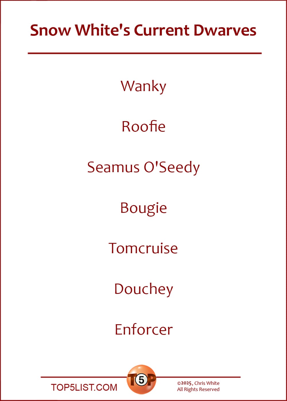 Snow White's Current Dwarves  |  Wanky  Roofie  Seamus O'Seedy  Bougie  Tomcruise  Douchey  Enforcer