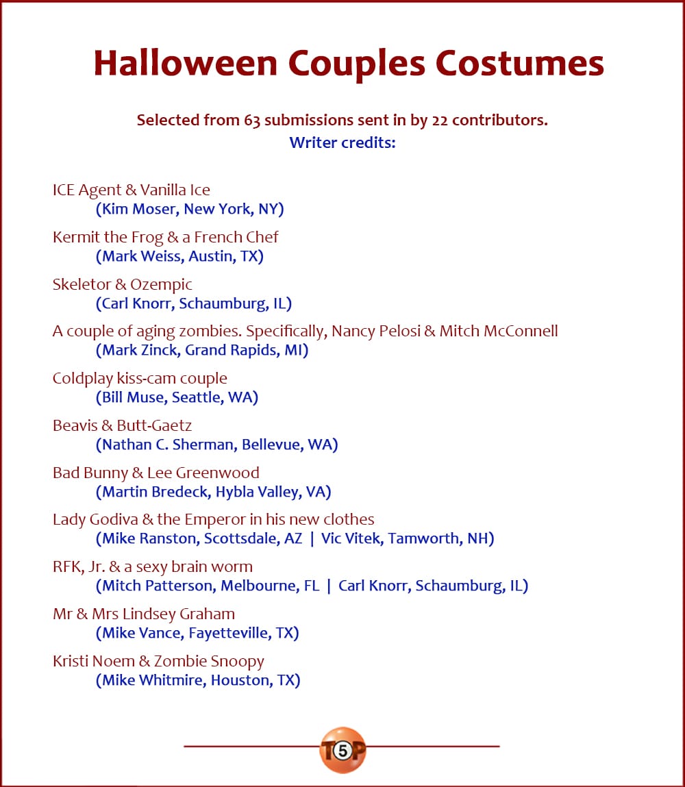 The Top 11 Halloween Couples Costumes   |   Selected from 63 submissions sent in by 22 contributors. Writer credits:  ICE Agent & Vanilla Ice 	(Kim Moser, New York, NY)  Kermit the Frog & a French Chef 	(Mark Weiss, Austin, TX)  Skeletor & Ozempic 	(Carl Knorr, Schaumburg, IL)  A couple of aging zombies. Specifically, Nancy Pelosi & Mitch McConnell 	(Mark Zinck, Grand Rapids, MI)  Coldplay kiss-cam couple 	(Bill Muse, Seattle, WA)  Beavis & Butt-Gaetz 	(Nathan C. Sherman, Bellevue, WA)  Bad Bunny & Lee Greenwood 	(Martin Bredeck, Hybla Valley, VA)  Lady Godiva & the Emperor in his new clothes 	(Mike Ranston, Scottsdale, AZ  |  Vic Vitek, Tamworth, NH)  RFK, Jr. & a sexy brain worm 	(Mitch Patterson, Melbourne, FL  |  Carl Knorr, Schaumburg, IL)  Mr & Mrs Lindsey Graham 	(Mike Vance, Fayetteville, TX)  Kristi Noem & Zombie Snoopy 	(Mike Whitmire, Houston, TX)