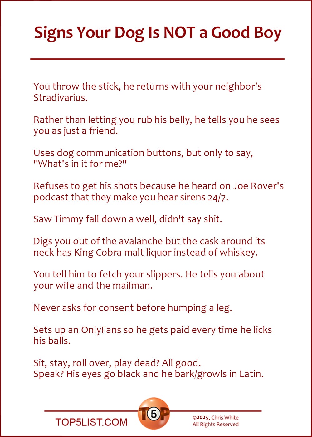 The Top 10 Signs Your Dog Is NOT a Good Boy  |   You throw the stick, he returns with your neighbor's Stradivarius.  Rather than letting you rub his belly, he tells you he sees you as a friend.  Uses dog communication buttons, but only to say, "What's in it for me?"  Refuses to get his shots because he heard on Joe Rover's podcast that they make you hear sirens 24/7.  Saw Timmy fall down a well, didn't say shit.  Digs you out of the avalanche but the cask around its neck has King Cobra malt liquor instead of whiskey.  You tell him to fetch your slippers. He tells you about your wife and the mailman.  Never asks for consent before humping a leg.  Sets up an OnlyFans so he gets paid every time he licks his balls.  Sit, stay, roll over, play dead? All good. Speak? His eyes go black and he bark/growls in Latin.