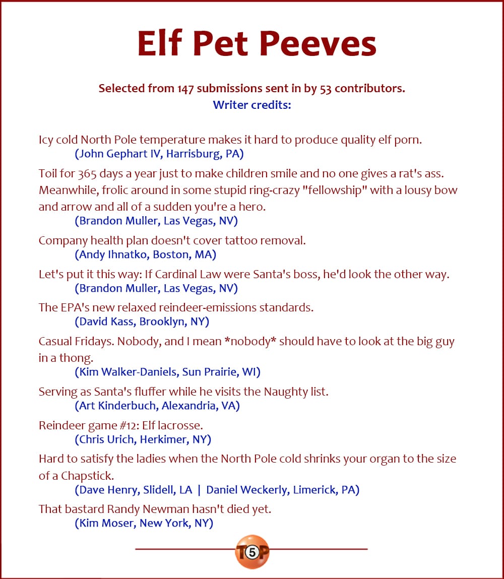 The Top 10 Elf Pet Peeves | Writer credits: Icy cold North Pole temperature makes it hard to produce quality elf porn. (John Gephart IV, Harrisburg, PA) Toil for 365 days a year just to make children smile and no one gives a rat's ass. Meanwhile, frolic around in some stupid ring-crazy "fellowship" with a lousy bow and arrow and all of a sudden you're a hero. (Brandon Muller, Las Vegas, NV) Company health plan doesn't cover tattoo removal. (Andy Ihnatko, Boston, MA) Let's put it this way: If Cardinal Law were Santa's boss, he'd look the other way. (Brandon Muller, Las Vegas, NV) The EPA's new relaxed reindeer-emissions standards. (David Kass, Brooklyn, NY) Casual Fridays. Nobody, and I mean *nobody* should have to look at the big guy in a thong. (Kim Walker-Daniels, Sun Prairie, WI) Serving as Santa's fluffer while he visits the Naughty list. (Art Kinderbuch, Alexandria, VA) Reindeer game #12: Elf lacrosse. (Chris Urich, Herkimer, NY) Hard to satisfy the ladies when the North Pole cold shrinks your organ to the size of a Chapstick. (Dave Henry, Slidell, LA | Daniel Weckerly, Limerick, PA) That bastard Randy Newman hasn't died yet. (Kim Moser, New York, NY)