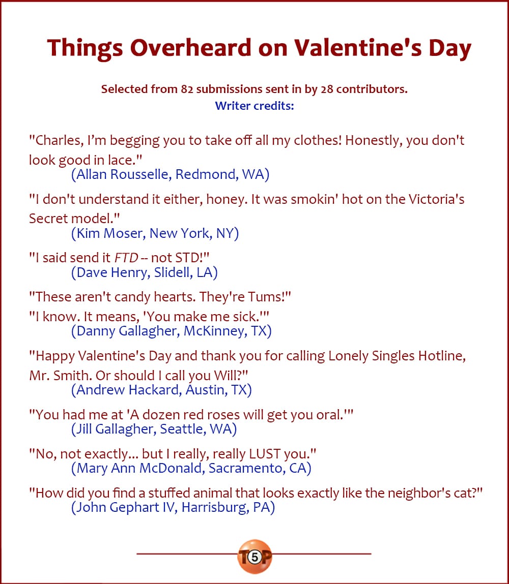 The Top 8 Things Overheard on Valentine's Day  |   A version of this list was first published on February 13, 2007. Writer credits:   "Charles, I’m begging you to take off all my clothes! Honestly, you don't look good in lace." 	(Allan Rousselle, Redmond, WA)  "I don't understand it either, honey. It was smokin' hot on the Victoria's Secret model." 	(Kim Moser, New York, NY)  "I said send it *FTD* -- not STD!" 	(Dave Henry, Slidell, LA)  "These aren't candy hearts. They're Tums!" "I know. It means, 'You make me sick.'" 	(Danny Gallagher, McKinney, TX)  "Happy Valentine's Day and thank you for calling Lonely Singles Hotline, Mr. Smith. Or should I call you Will?" 	(Andrew Hackard, Austin, TX)  "You had me at 'A dozen red roses will get you oral.'" 	(Jill Gallagher, Seattle, WA)  "No, not exactly... but I really, really LUST you." 	(Mary Ann McDonald, Sacramento, CA)  "How did you find a stuffed animal that looks exactly like the neighbor's cat?" 	(John Gephart IV, Harrisburg, PA)